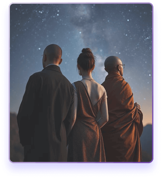 Three people gazing at a starry night sky